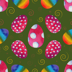 Colorful Easter eggs on a green background. Seamless patterns. Watercolor