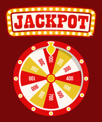 Casino online vector, shining signboard with retro bulbs. Fortune wheel with spinning circle and money sum, gaming and gambling. Lucky circle or lucky rotation. Wheel luck in flat style