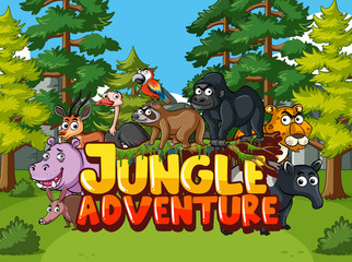 Obraz na płótnie Canvas Forest scene with word jungle adventure and wild animals in background