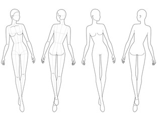 Fashion template of walking women looking right. 
