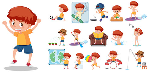 Large set of boy doing different activities on white background