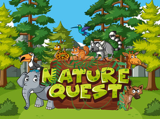 Forest scene with word nature quest with wild animals in background