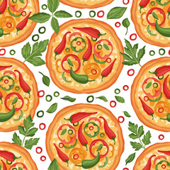 Italian cheese pizza vector illustration. Delicious spicy chili pepper tasty snack seamless pattern. Cayenne flat design.
