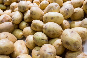 Fresh organic young potatoes sold on market