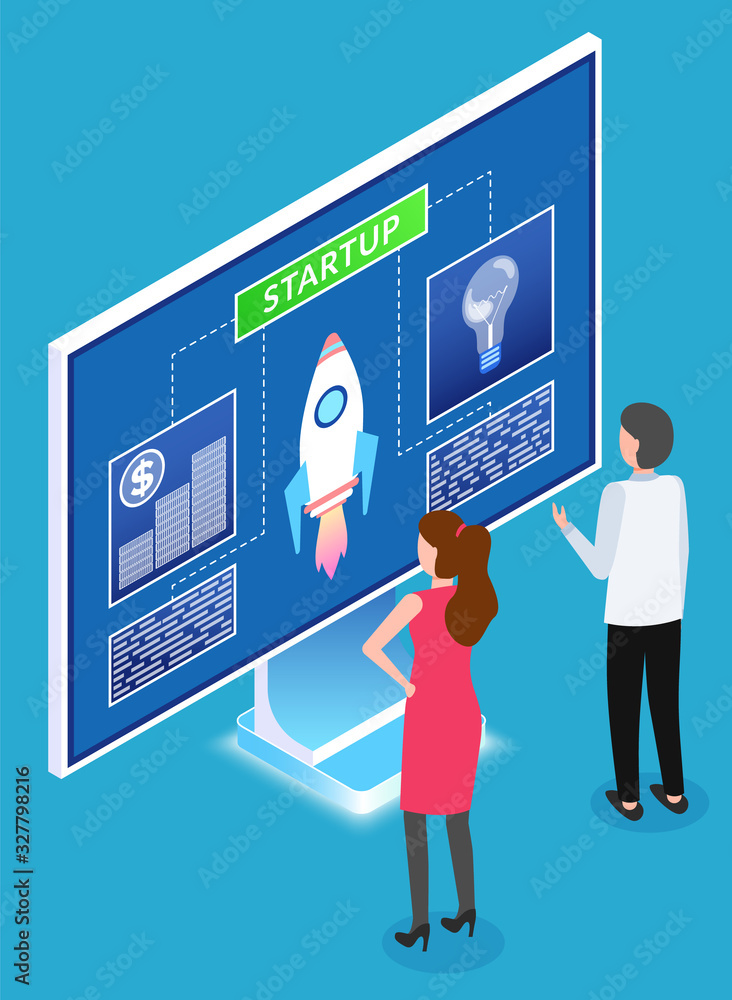 Poster man and woman dealing with startup details. people analyzing info on computer screen. teamwork of ma