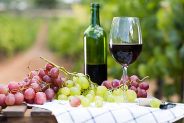 glass of red wine and ripe grapes on table