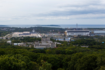 Obraz premium Panoramic shot. Territory and industrial buildings of the Far Eastern Military Plant Zvezda