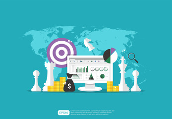 marketing strategy, business finance analysis audit with graphs charts, chess pieces and target system. Return on investment ROI. increase profit stretching rising up. Vector template illustration