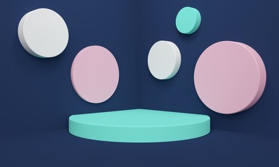 Abstract blue background with podium and color cylinders in the wall. 3d rendering