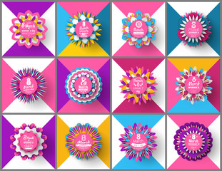 Womens day, 8 March, set of spring greeting card decorated by flowers, pink color of poster with blossom, international holiday, round origami vector