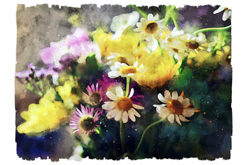 watercolor style illustration of colorful field flowers