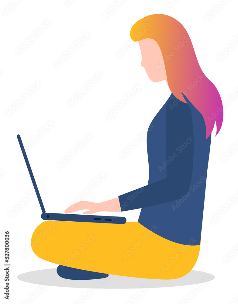 Poster woman character sitting and communicating with laptop. side view of female using computer wireless d