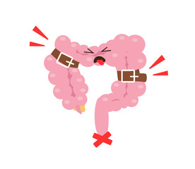 Intestines on a white background. Bloating and cramping. Vector illustration.