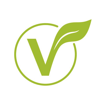 Vegan icon. V from vegan with a leaf. Vector illustration. Flat and green design.