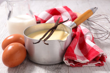 custard creme with ingredient- vanilla, milk and egg - obrazy, fototapety, plakaty
