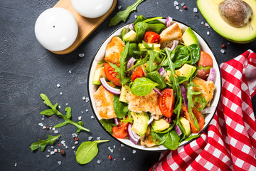 Salad with Grilled chicken, green leaves and vegetables.