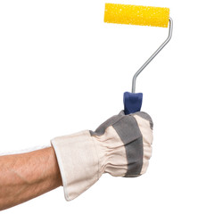 Close up view of Worker Man Hand with Paint Roller Brush. Male Hand wearing Working Glove with Tools. Human hand holding new Roller, isolated on white background.