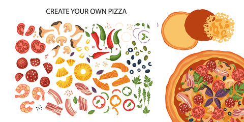 Italian cheese pizza creator vector illustration. Delicious tasty snack with mushroom and chili pepper. Create your own pizza. Flat design. Baked cake and ingredients - tomato, salami, basil and fish