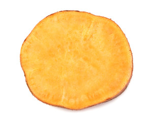 sliced sweet potatoes isolated on white background. top view