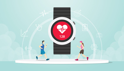 smart watch apps tracker with hand wrist and people male and female running