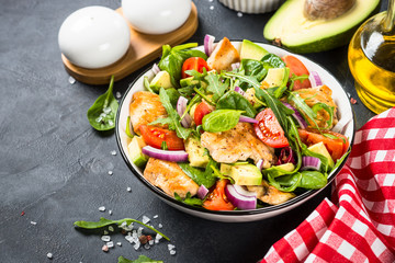 Salad with Grilled chicken, green leaves and vegetables.