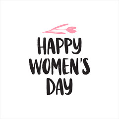 Women's Day hand drawn brush lettering with spring flower tulip. Celebration black text