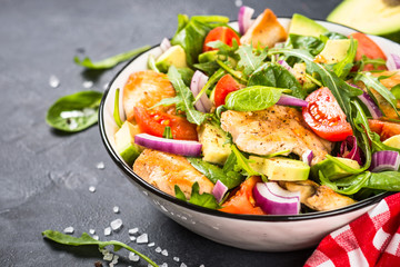 Salad with Grilled chicken, green leaves and vegetables.