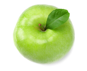 green apple with leaf isolated on white background. one apple. top view