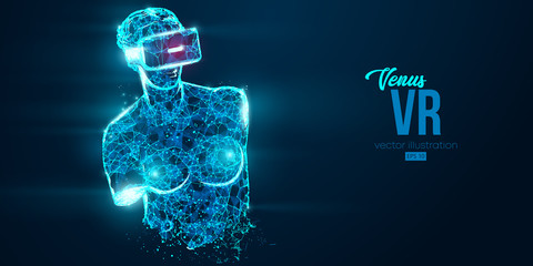 VR headset holographic low poly wireframe banner. Abstract silhouette of the polygonal statue of Venus, woman wearing virtual reality glasses. VR games. Particles on blue background, vector neon © matrosovv