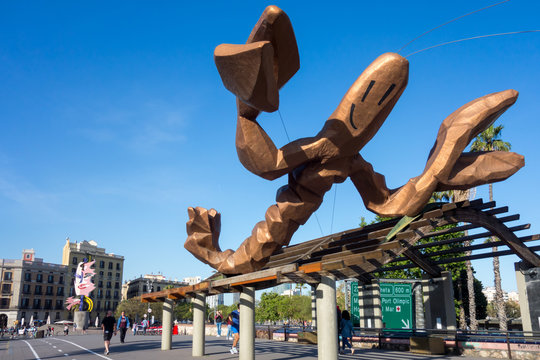 BARCELONA, SPAIN. May 14-2019:  Lobster of Barcelona sculpture at Port Vell in Barcelona by Javier Mariscal.