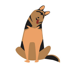 Obraz premium German shepherd isolated on a blue background as a character for children and baby, scandinavian vector stock illustration with doodle dog for print