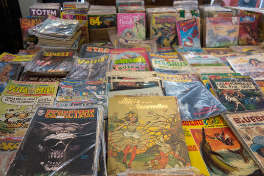 BARCELONA, SPAIN. May 12-2019: Street flea market of old and vintage comics and magazines.