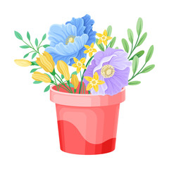Different Flowers and Twigs Put in Pot Isolated on White Background Vector Illustration