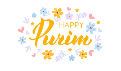 Happy Purim hand drawn lettering text. Jewish Holiday greeting card. Yellow modern calligraphy with flat flowers. Typography design for card, poster, logo. Vector illustration isolated on white