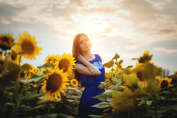 Beautiful young slim girl with long hair in a field with blooming sunflowers at sunset against the sky
