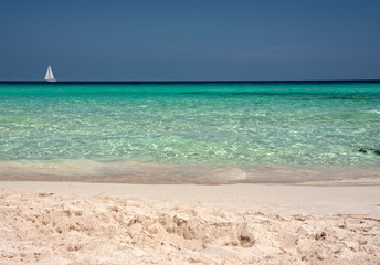 Fototapeta na wymiar The clear waters of the wild and sunny beaches of the Illetes in Formentera in the Balearic islands of Spain.