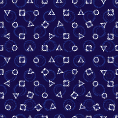 Vector blue shibori elegant triangle square circle polka dot seamless pattern with circle prints background. Suitable for textile, gift wrap and wallpaper.