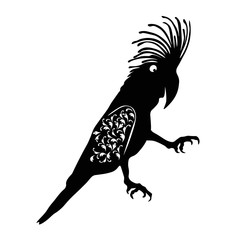 Vector stock illustration of a cockatoo parrot. Detailed pattern of birds, the bird of Australia. Monochrome drawing of a walking parrot isolated on a white background