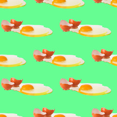 Seamless pattern of raw eggs with yellow yolk on green background isolated, broken brown egg shell repeating ornament, Easter banner, creative paschal poster, decorative wallpaper design, trendy print