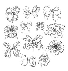 Fashion bows set in different styles. Isolated on white background. Black and white hand drawn vector illustration