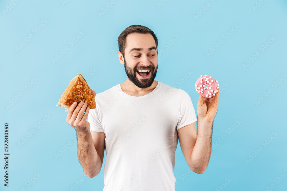 Sticker positive man holding sandwich and donut.