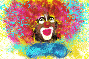 Colorful clown sketched with pastel pencil on a rough surface.
