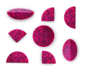Red dragon fruit set While eating different shapes, beautiful, isolated on a white background