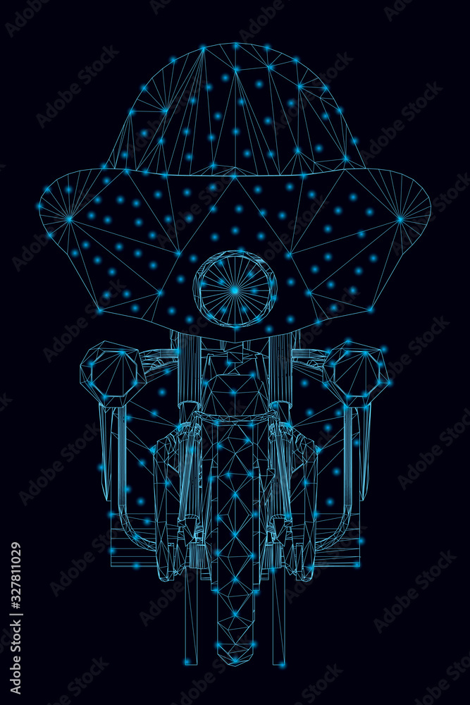 Poster wireframe of a motorcycle made of blue lines with luminous lights on a dark background. front view. 