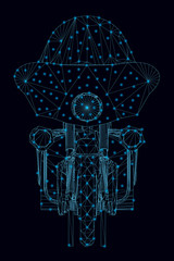 Wireframe of a motorcycle made of blue lines with luminous lights on a dark background. Front view. 3D. Vector illustration