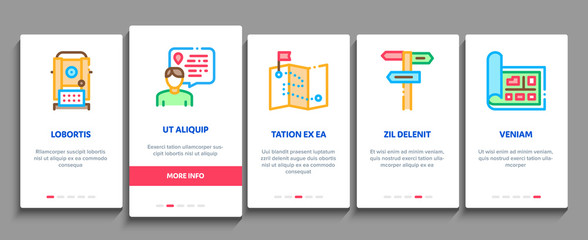 Topography Research Onboarding Mobile App Page Screen Vector. Topography Equipment And Device, Compass And Calculator, Satellite And Phone, Drone Concept Linear Pictograms. Color Contour Illustrations