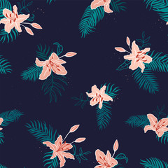 Fototapeta na wymiar Elegant hand drawn tropical floral seamless pattern, exotic flower background, great for textiles, banners, wallpapers - vector design