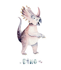 Cute cartoon baby dinosaurs collection watercolor illustration, hand painted dino isolated on a white background for nursery poster decoration. Rex children funny art