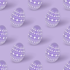 Easter lilac seamless pattern with 3d Easter eggs decorated with ornament, minimal monochrome design, festive violet background