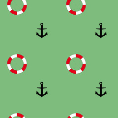 Sea summer seamless pattern: lifebuoys and anchors on a green background. flat vector. illustration